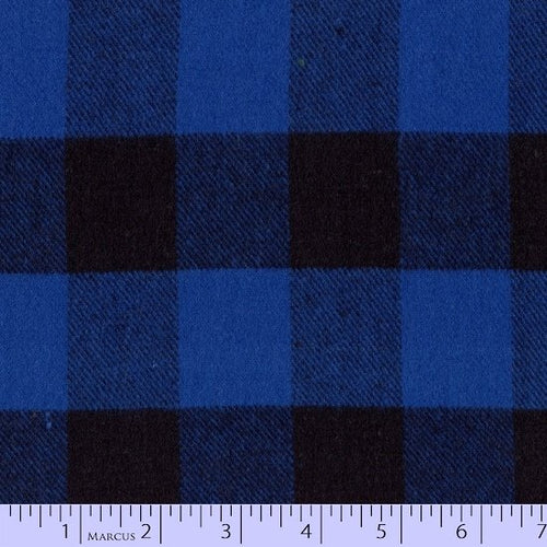 Cotton flannel Buffalo Plaid fabric from Marcus in alternating stripes of light blue and dark blue and dark blue and black squares.