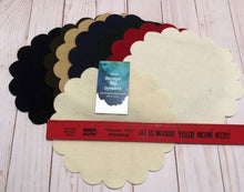 Load image into Gallery viewer, Die cut, scalloped round wool mats for wool applique in solid colors of black, brown, tan, dark green, red, white and cream.
