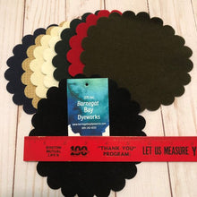 Load image into Gallery viewer, Die cut, felted, scalloped wool applique mats in solid colors of black, tan, cream, white, green, red, brown and black for wool applique.
