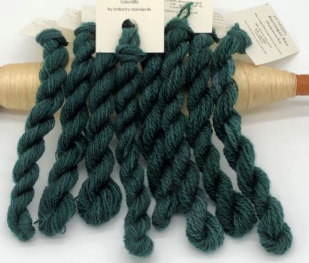 This wool thread is hand dyed in a dark, deep, blue green and is darker than our Green Spruce wool thread.