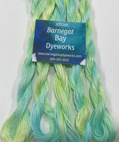 Hand dyed six strand embroidery floss in a blue and green variegated with a hint of yellow.