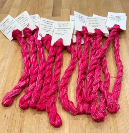Hand Dyed Threads in 6 strand floss and #12 and #8 Perle/Pearl Cottons in variegated pinks from light to dark