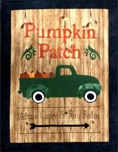Load image into Gallery viewer, Pattern cover for wool applique Pumpkin Patch sign project has a green vintage truck with pumpkins filling the bed, &quot;Apple Cider &amp; Hay Rides&quot; over an arrow pointing to the right and letters above the truck spelling out Pumpkin Patch.
