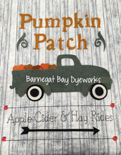 Load image into Gallery viewer, Wool applique Pumpkin Patch sign project has a green vintage truck with pumpkins filling the bed, &quot;Apple Cider &amp; Hay Rides&quot; over an arrow pointing to the right and letters above the truck spelling out Pumpkin Patch, all on a gray wood grain background.

