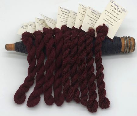Hand dyed wool threads in two thicknesses in a deep, rich maroon red for wool applique, crewel work, embroidery and any hand stitching.