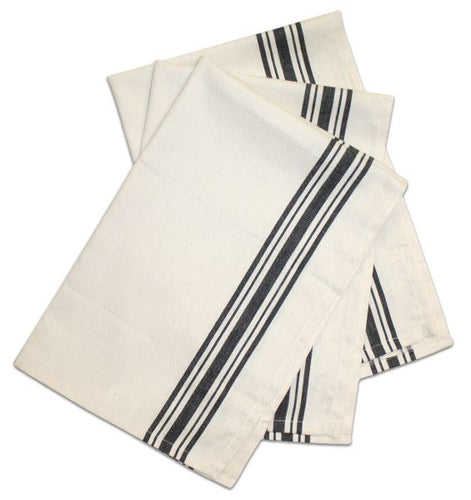 White dish towel with thin and thick , vertical stripes running down the  sides of the towel.  Set of three dish towels. 