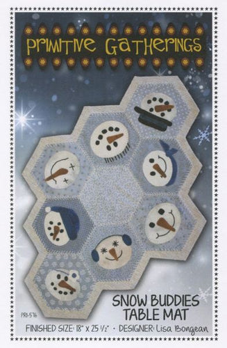 Wool applique table mat with 8 different snowman heads in hexagons surrounding a larger hexagon