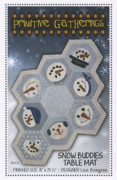 Wool applique table mat with 8 different snowman heads in hexagons surrounding a larger hexagon