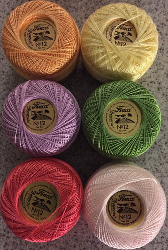 Finca Perle Cotton #12 Spring Collection in 6 colors - peach, yellow, purple, green, dark pink and lt pink.
