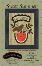 Load image into Gallery viewer, Pattern cover for wool applique project with a robin, leaves and berries on top of a sliced watermelon, with a banner that says &quot;Sweet Summer&quot;.
