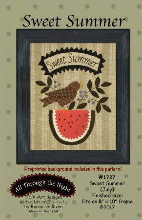 Pattern cover for wool applique project with a robin, leaves and berries on top of a sliced watermelon, with a banner that says 
