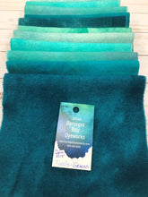 Load image into Gallery viewer, Hand dyed wool bundles showing six fabrics in Teal Greens
