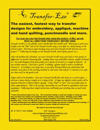 Transfer-EZE uses your printer to transfer designs for embroidery, machine and hand quilting and more 30 sheets