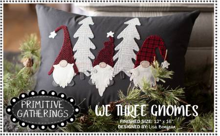 Pattern for this wool applique pillow features three charming gnomes and will add a warm and welcoming touch to any room.