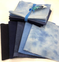Load image into Gallery viewer, Five hand dyed blues from dark to light representing a winter sky.  Perfect for wool applique.  Bundle 4
