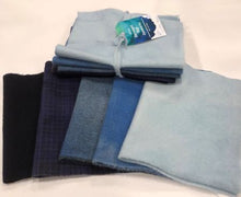 Load image into Gallery viewer, Five hand dyed wool pieces in blues from dark to light representing a winter sky.  Good for wool applique. Bundle 3

