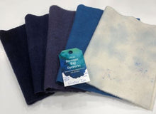 Load image into Gallery viewer, Five hand dyed wool pieces in blues from dark to light representing a winter sky.  Good for wool applique.  Bundle 2
