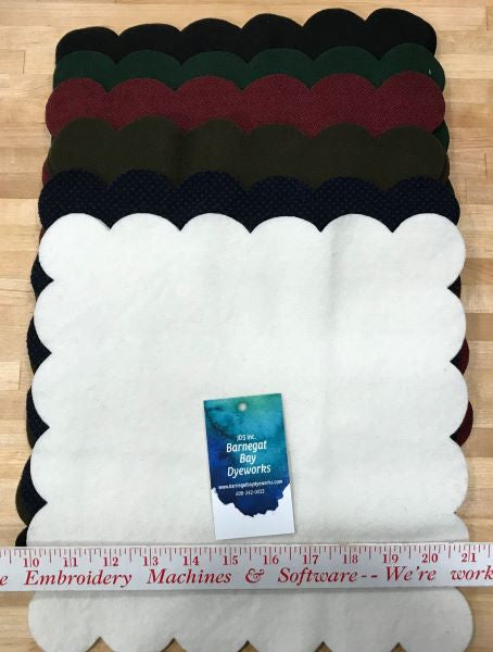 Die Cut, solid colors, 100% wool scalloped mats for wool applique in black, dark green, red, brown, navy and white.