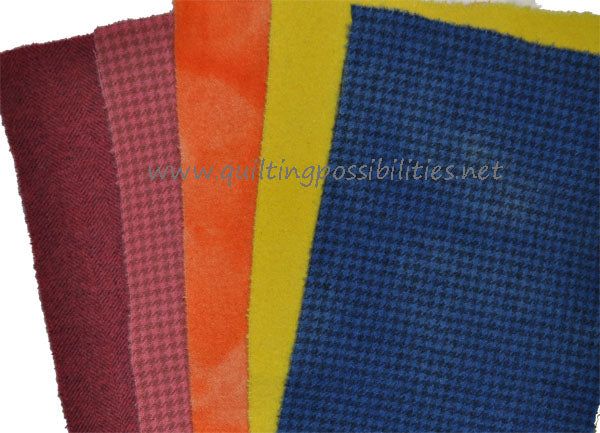 Five coordinated, hand dyed 100% wool pieces in red, pink, orange, yellow and blue of a sunrise or sunset from Barnegat Bay Dyeworks.