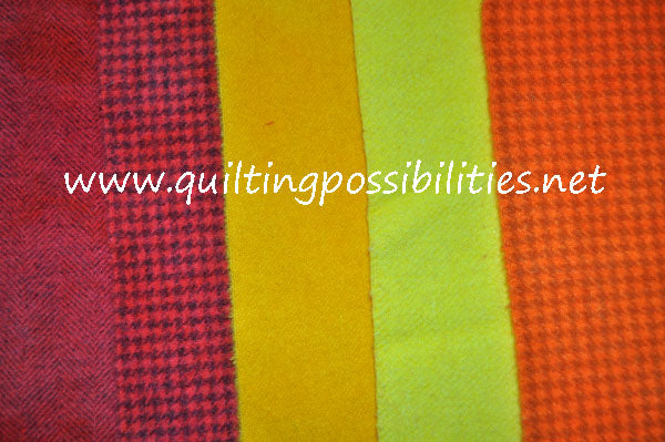 Hot Mamas! hand dyed wool bundle for wool applique with two reds, two yellows and an orange in bright colors.