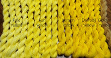 Load image into Gallery viewer, Five shades of yellow hand dyed wool threads from light to dark.

