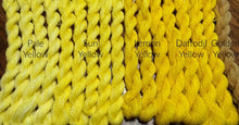 Load image into Gallery viewer, Five shades of yellow wool thread showing left to right, pale to darkest.
