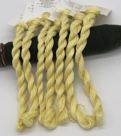 Hand Dyed threads in #12 and #8 pearl cottons and 6 strand embroidery floss in Maize, a soft, dull yellow.
