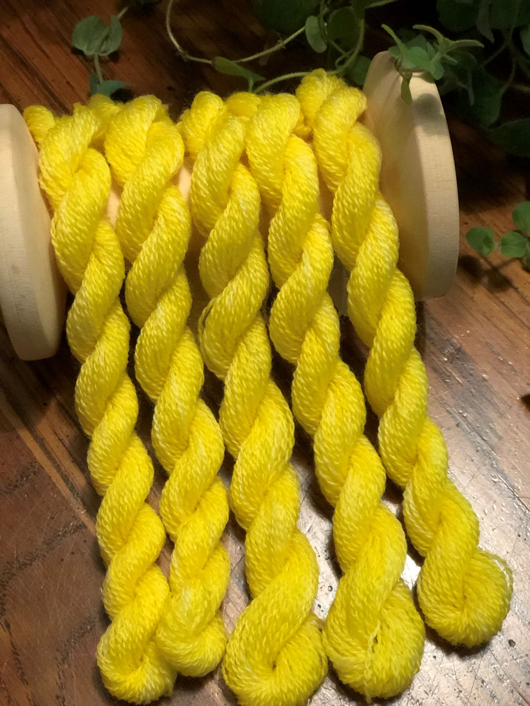 Five skeins of hand dyed sunny yellow wool thread draped over a vintage spool 