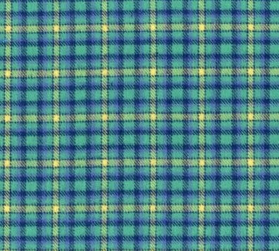 Marcus Primo Flannel in a large plaid with aqua background, alternating navy and yellow stripes forming squares.