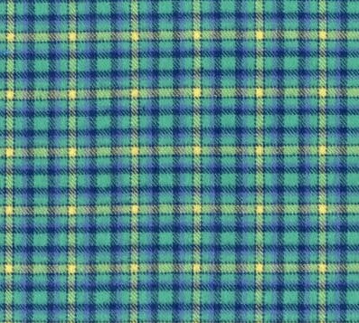Marcus Primo Flannel in a large plaid with aqua background, alternating navy and yellow stripes forming squares.