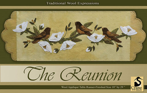 The Reunion pattern by Crane Designs features three robins on a branch with leaves, white flowers and buds.